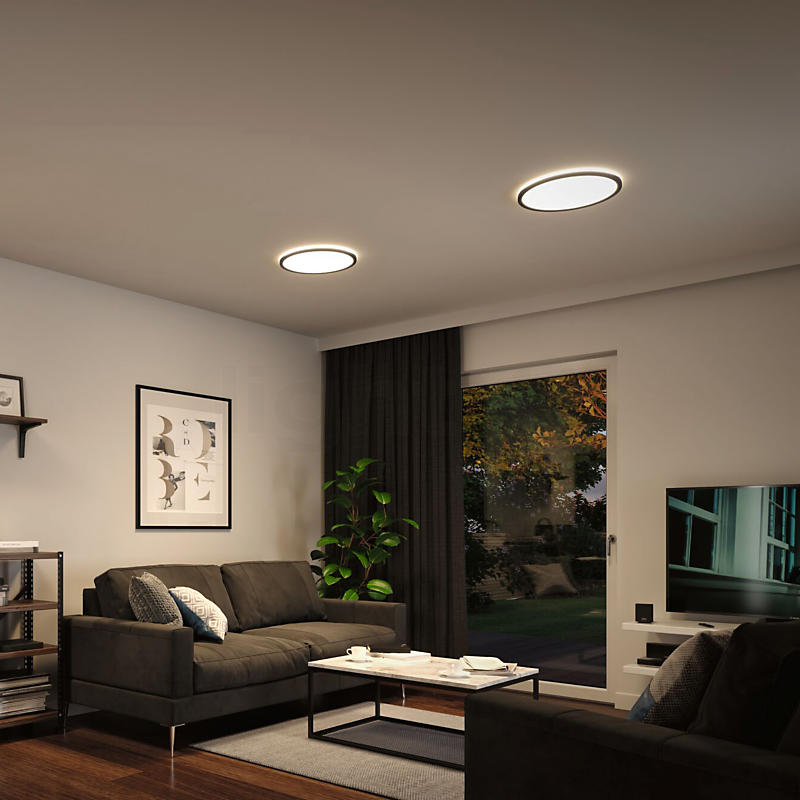 Flache LED Deckenleuchte Schwarz Ø38,5cm rund Wohnzimmer Modern LUKE Lampe Rund 