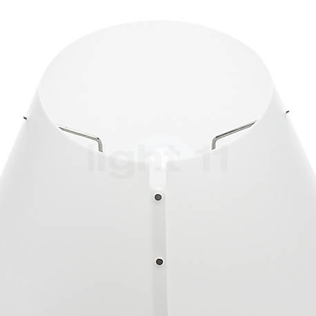 Luceplan Costanzina Lampada da tavolo alluminio/bianco nebbia - Il paralume in policarbonato serigrafato è sospeso su due soli punti d’appoggio e oscilla senza cadere, essendo bilanciato su se stesso.
