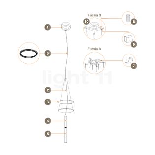 Flos Reserveonderdelen voor Fucsia 1, 3, 8, 12 Onderdeel nr. 4a: fitting, compleet met 3 m kabel, 1 stuk per diffusor
