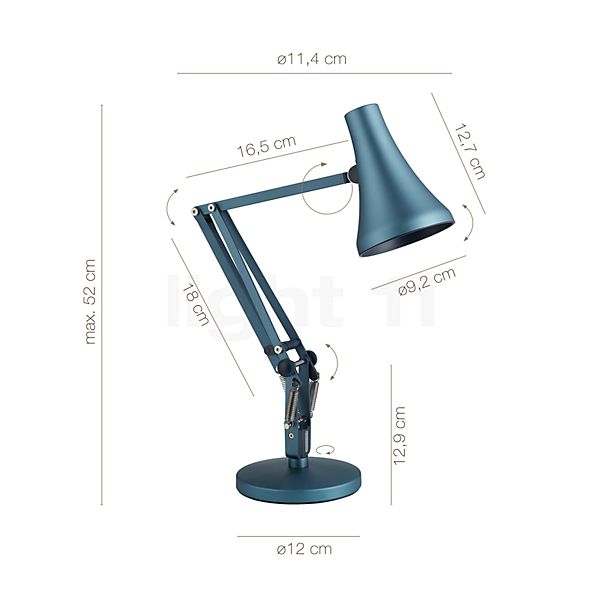 De afmetingen van de Anglepoise 90 Mini Mini Bureaulamp LED blauw-grijs in detail: hoogte, breedte, diepte en diameter van de afzonderlijke onderdelen.