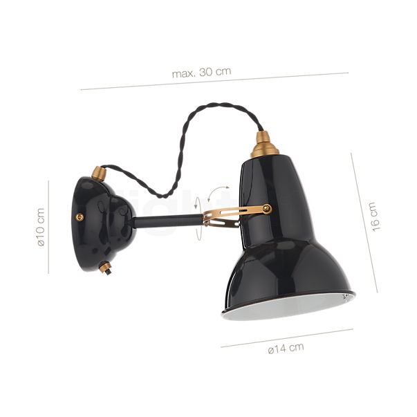 Dimensions du luminaire Anglepoise Original 1227 Brass Applique noir en détail - hauteur, largeur, profondeur et diamètre de chaque composant.
