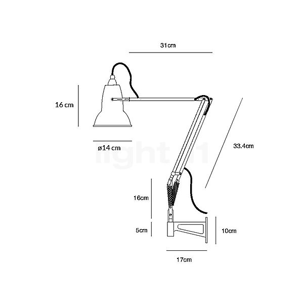 Anglepoise Original 1227 Brass Bureaulamp met Wandhouder zwart schets