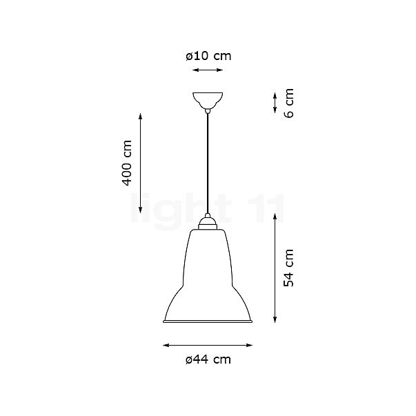 Anglepoise Original 1227 Giant, lámpara de suspensión brillo blanco alpino/cable gris - alzado con dimensiones