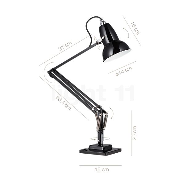Dimensions du luminaire Anglepoise Original 1227 Lampe de bureau noir/câble noir en détail - hauteur, largeur, profondeur et diamètre de chaque composant.
