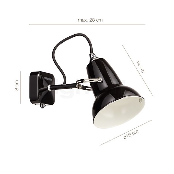 Målene for Anglepoise Original 1227 Mini Væglampe grå: De enkelte komponenters højde, bredde, dybde og diameter.