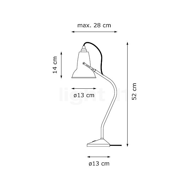 Anglepoise Original 1227 Mini, lámpara de sobremesa lino blanco - alzado con dimensiones