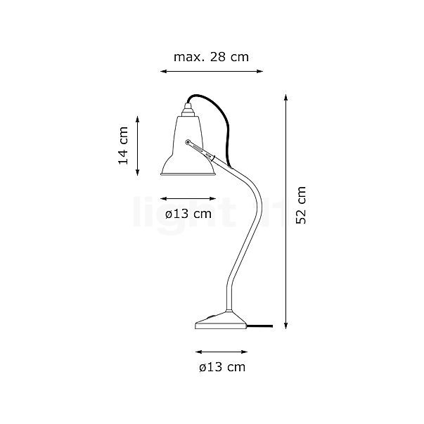 Anglepoise Original 1227 Mini, lámpara de sobremesa negro - alzado con dimensiones