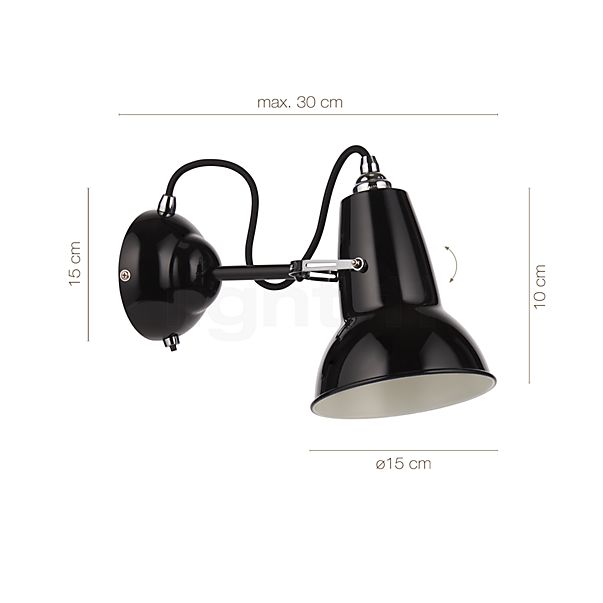 Målene for Anglepoise Original 1227 Væglampe sort/kabel sort: De enkelte komponenters højde, bredde, dybde og diameter.