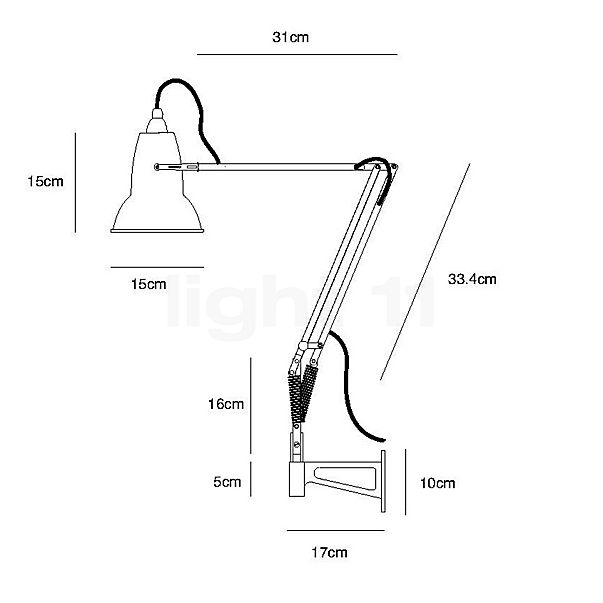 Anglepoise Original 1227 Wandlamp met wandbevestiging chroom / zwart/wit kabel schets