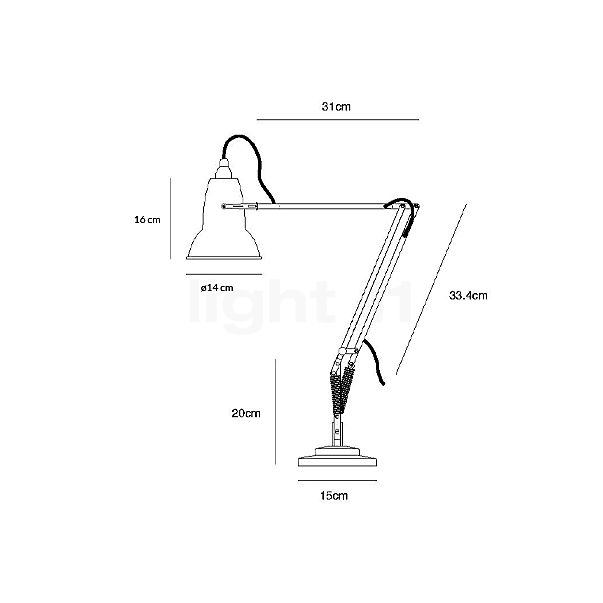 Anglepoise Original 1227, lámpara de escritorio cromo/cable negro/blanco - alzado con dimensiones