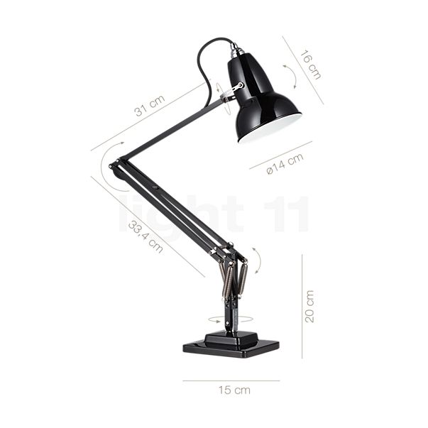 Dimensiones del/de la Anglepoise Original 1227, lámpara para escritorio negro/cable negro al detalle: alto, ancho, profundidad y diámetro de cada componente.