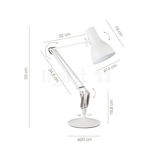 De afmetingen van de Anglepoise Type 75 Bureaulamp wit in detail: hoogte, breedte, diepte en diameter van de afzonderlijke onderdelen.