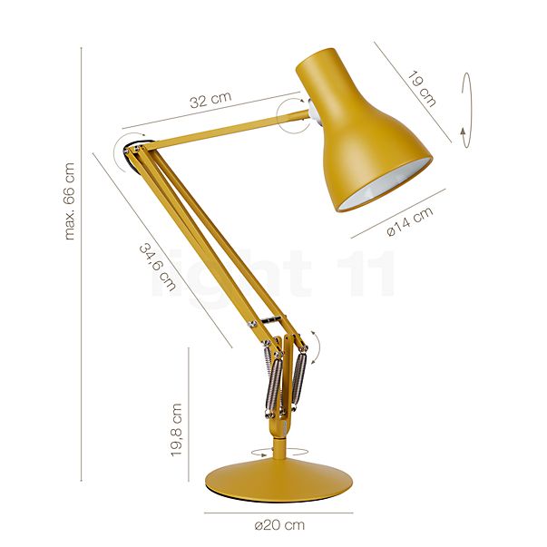 De afmetingen van de Anglepoise Type 75 Margaret Howell Bureaulamp Yellow Ochre in detail: hoogte, breedte, diepte en diameter van de afzonderlijke onderdelen.