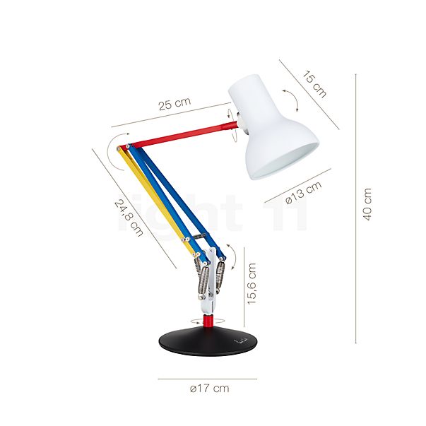 Measurements of the Anglepoise Type 75 Mini Paul Smith Edition Desk Lamp Edition Three in detail: height, width, depth and diameter of the individual parts.