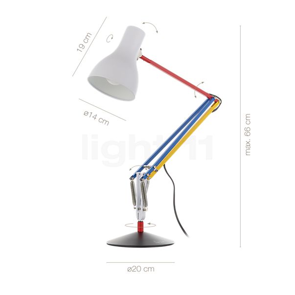 Measurements of the Anglepoise Type 75 Paul Smith Edition Desk Lamp Edition Six in detail: height, width, depth and diameter of the individual parts.