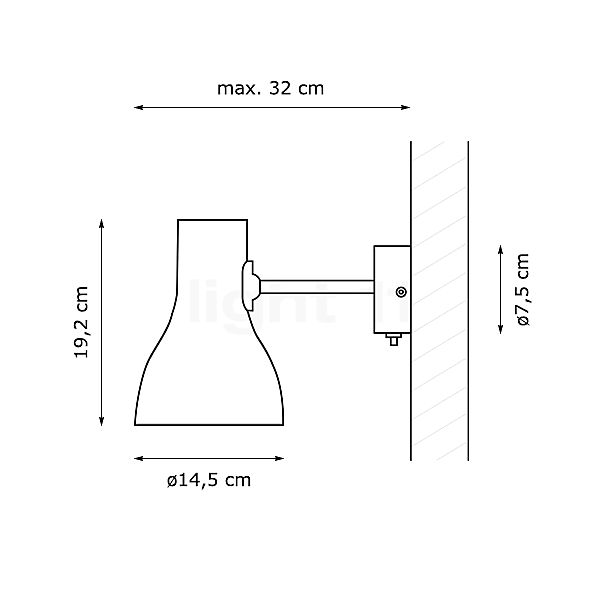 Anglepoise Type 75, lámpara de pared negro - alzado con dimensiones