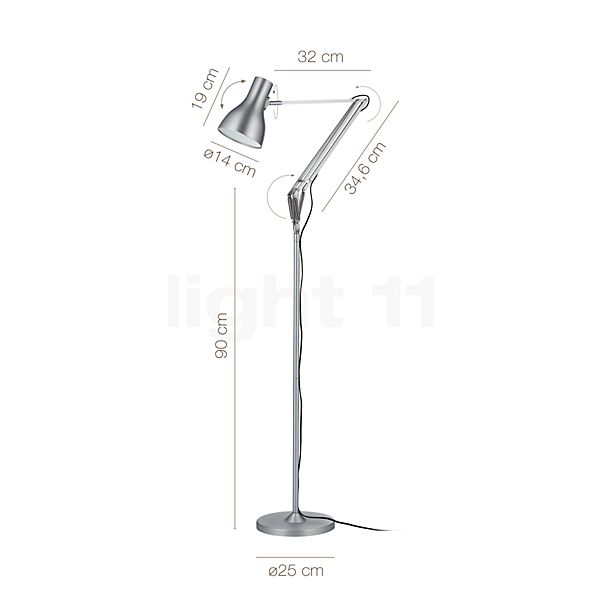 Dimensiones del/de la Anglepoise Type 75, lámpara de pie blanco al detalle: alto, ancho, profundidad y diámetro de cada componente.