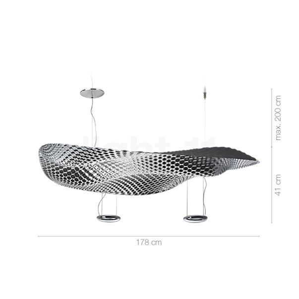 Measurements of the Artemide Cosmic Angel Sospensione silver in detail: height, width, depth and diameter of the individual parts.