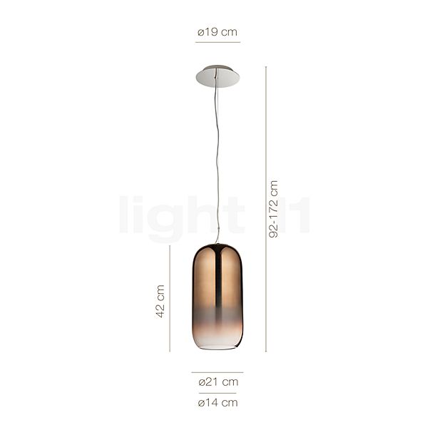 Measurements of the Artemide Gople Sospensione bronze/body silver in detail: height, width, depth and diameter of the individual parts.