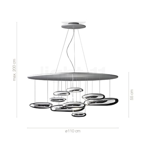 Measurements of the Artemide Mercury Sospensione LED 3,000 K in detail: height, width, depth and diameter of the individual parts.