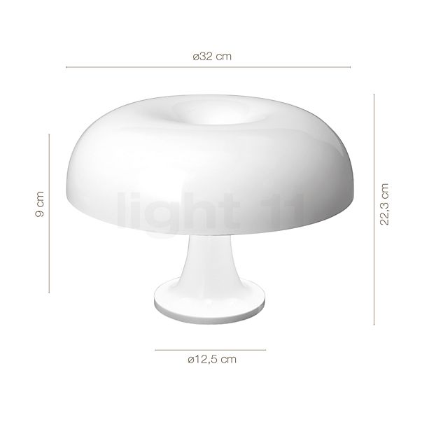 Dimensions du luminaire Artemide Nessino Tavolo blanc en détail - hauteur, largeur, profondeur et diamètre de chaque composant.