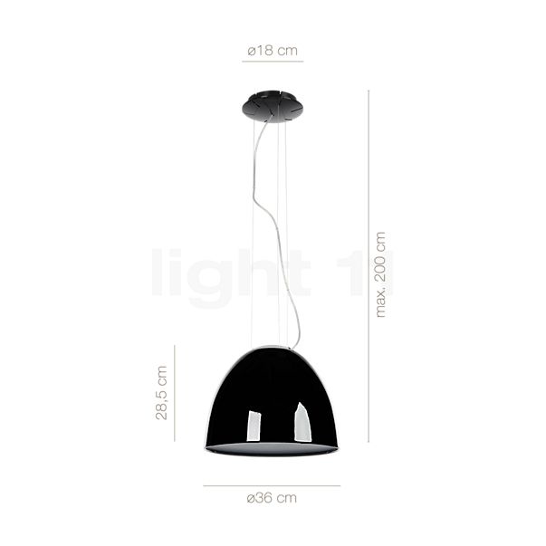 De afmetingen van de Artemide Nur Hanglamp zwart glanzend - Mini in detail: hoogte, breedte, diepte en diameter van de afzonderlijke onderdelen.