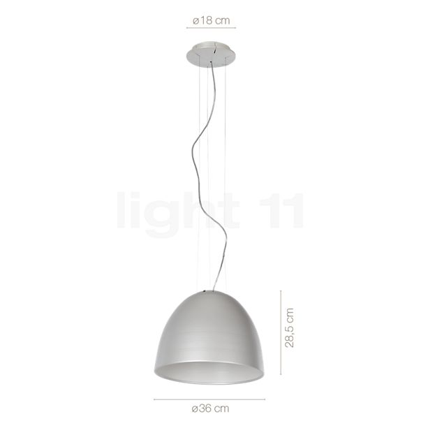 Dimensions du luminaire Artemide Nur Suspension LED gris aluminium - Mini en détail - hauteur, largeur, profondeur et diamètre de chaque composant.