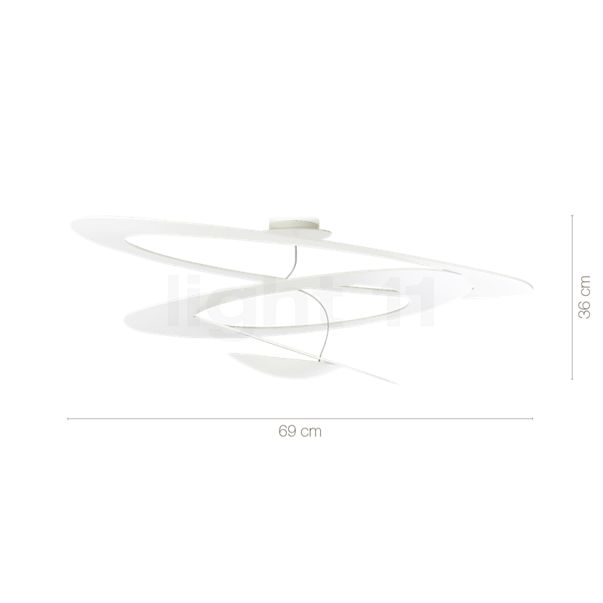 Målene for Artemide Pirce Soffitto LED hvid - 2.700 K - ø67 cm - 1-10 V: De enkelte komponenters højde, bredde, dybde og diameter.