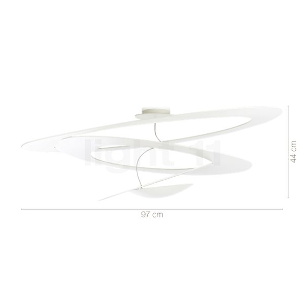 Målene for Artemide Pirce Soffitto hvid - ø97 cm , Lagerhus, ny original emballage: De enkelte komponenters højde, bredde, dybde og diameter.