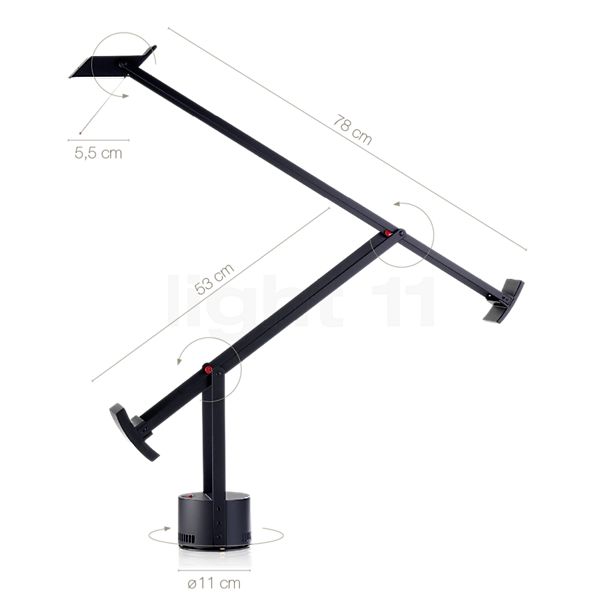 Measurements of the Artemide Tizio 50 black - B-goods - original box damaged - mint condition in detail: height, width, depth and diameter of the individual parts.