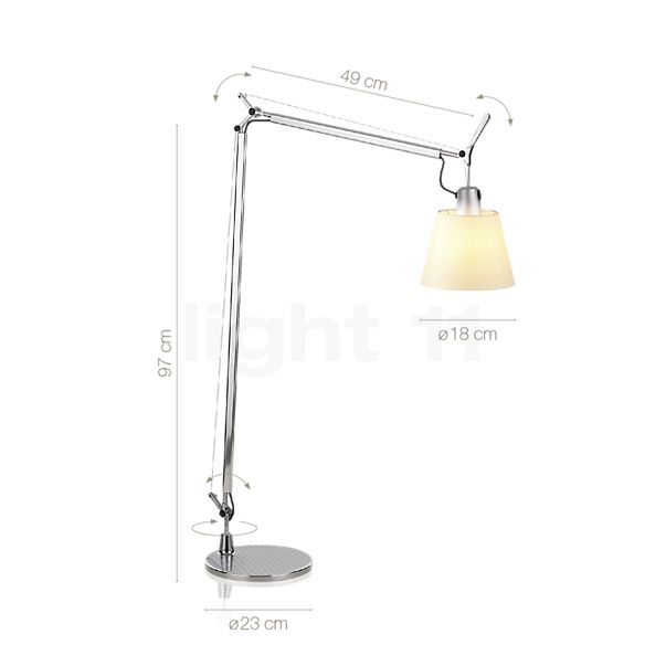 Measurements of the Artemide Tolomeo Basculante Lettura satin in detail: height, width, depth and diameter of the individual parts.