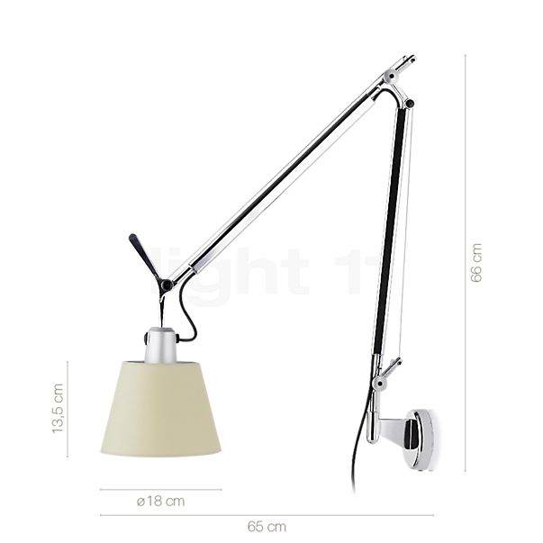 Measurements of the Artemide Tolomeo Basculante Parete satin in detail: height, width, depth and diameter of the individual parts.