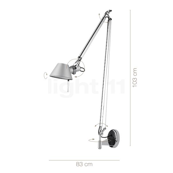 Measurements of the Artemide Tolomeo Braccio Parete polished and anodised aluminium in detail: height, width, depth and diameter of the individual parts.