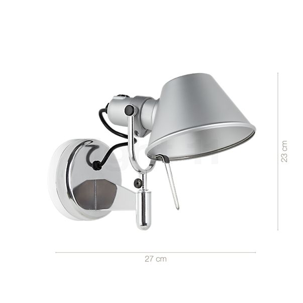 Measurements of the Artemide Tolomeo Faretto with Switch aluminium in detail: height, width, depth and diameter of the individual parts.