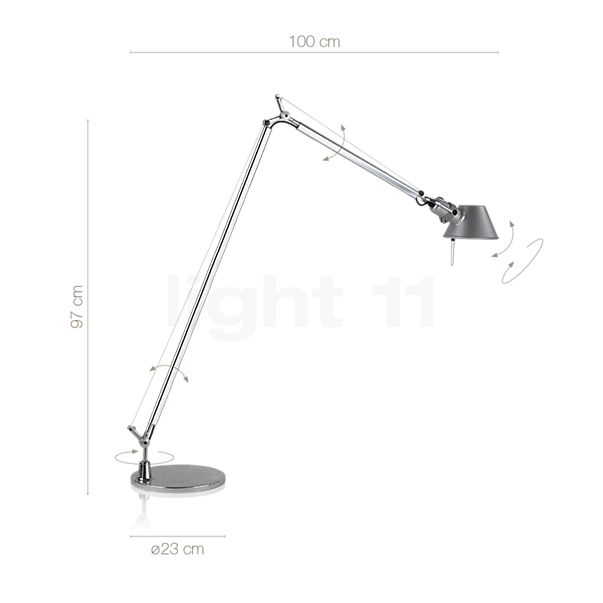 Measurements of the Artemide Tolomeo Lettura LED polished and anodised aluminium - 2,700 K in detail: height, width, depth and diameter of the individual parts.