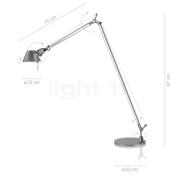 Measurements of the Artemide Tolomeo Lettura black in detail: height, width, depth and diameter of the individual parts.