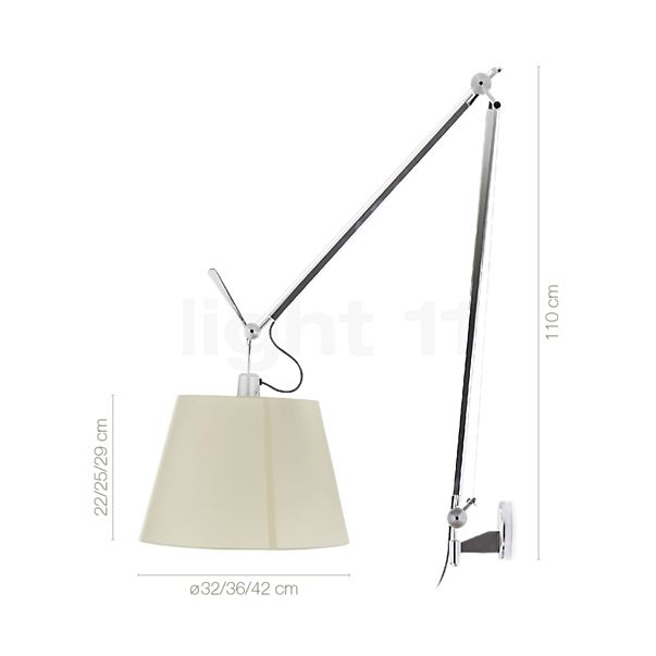 Measurements of the Artemide Tolomeo Mega Parete LED frame aluminium/shade black - ø42 cm - cord dimmer in detail: height, width, depth and diameter of the individual parts.
