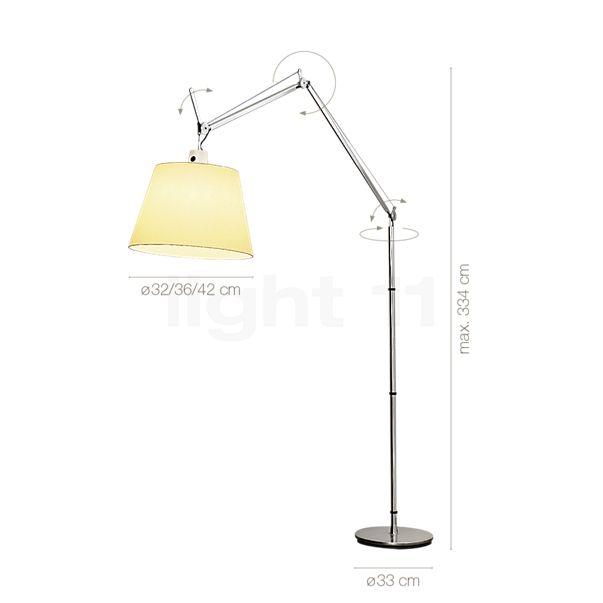 Measurements of the Artemide Tolomeo Mega Terra LED frame aluminium/shade parchment - ø36 cm - 3,000 K - cord dimmer in detail: height, width, depth and diameter of the individual parts.