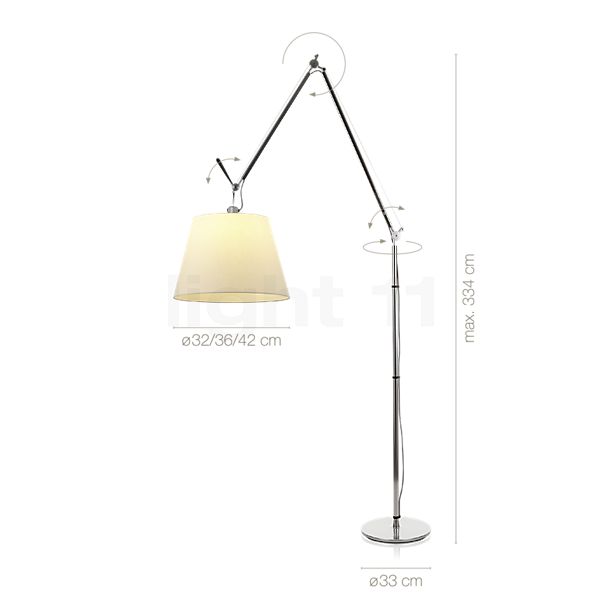 Measurements of the Artemide Tolomeo Mega Terra frame aluminium/shade parchment - ø36 cm - cord dimmer in detail: height, width, depth and diameter of the individual parts.