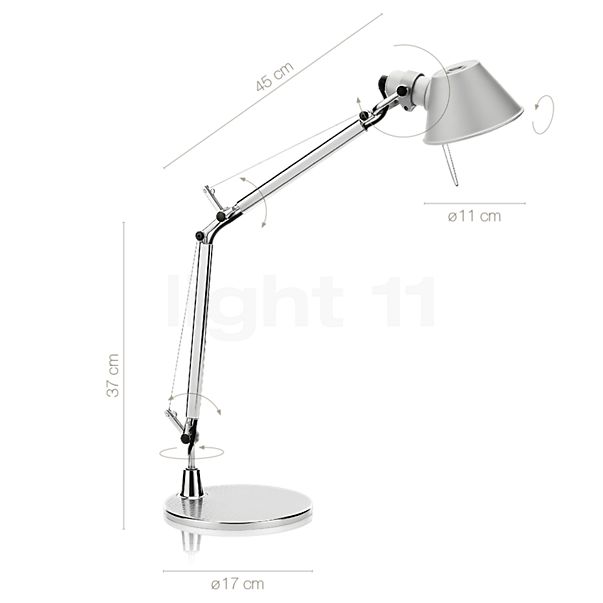 Measurements of the Artemide Tolomeo Micro Tavolo LED aluminium - 3,000 K - with table base in detail: height, width, depth and diameter of the individual parts.