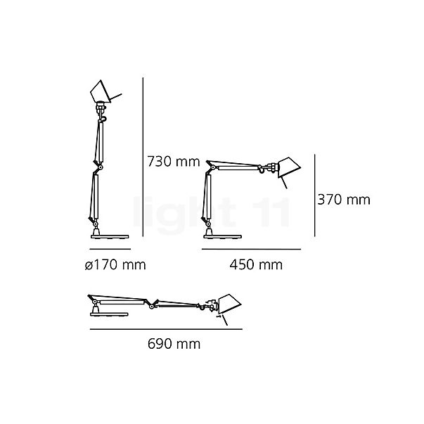 Artemide Tolomeo Micro Tavolo cobre - con pie de la lámpara - alzado con dimensiones