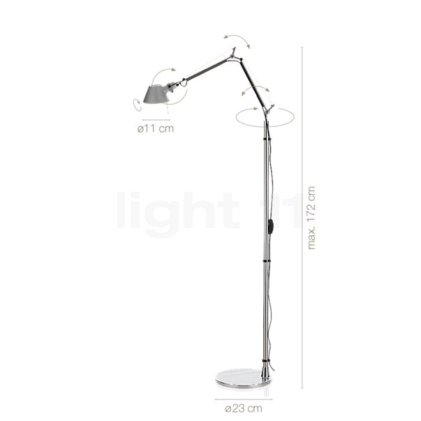 Measurements of the Artemide Tolomeo Micro Terra LED polished and anodised aluminium in detail: height, width, depth and diameter of the individual parts.
