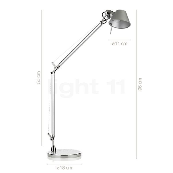 Measurements of the Artemide Tolomeo Midi Tavolo LED polished and anodised aluminium - 3,000 K in detail: height, width, depth and diameter of the individual parts.