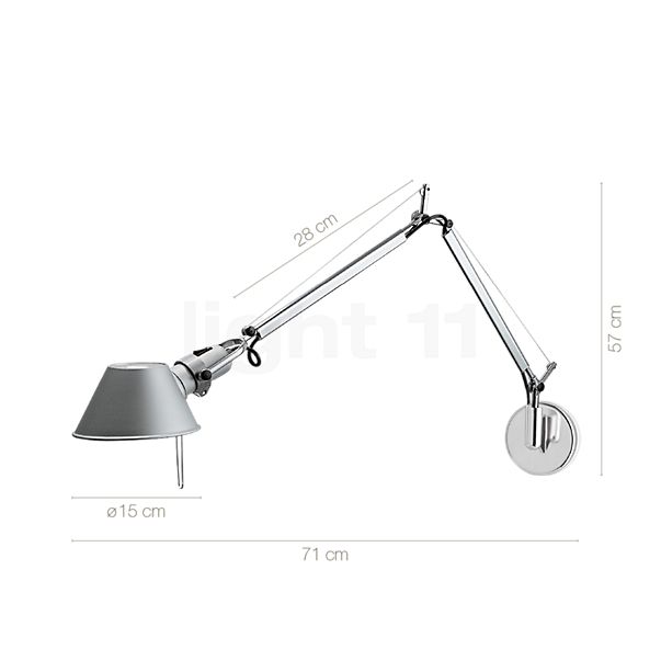 Measurements of the Artemide Tolomeo Mini Parete polished and anodised aluminium in detail: height, width, depth and diameter of the individual parts.