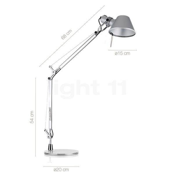 Measurements of the Artemide Tolomeo Mini Tavolo LED polished and anodised aluminium - 2,700 K in detail: height, width, depth and diameter of the individual parts.
