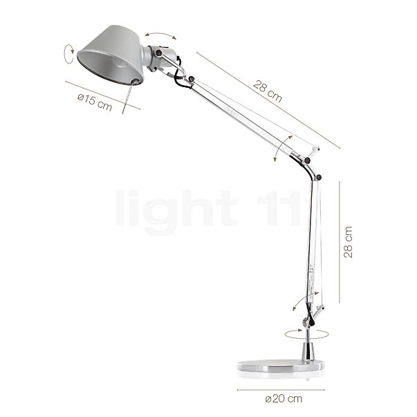 Measurements of the Artemide Tolomeo Mini Tavolo polished and anodised aluminium in detail: height, width, depth and diameter of the individual parts.