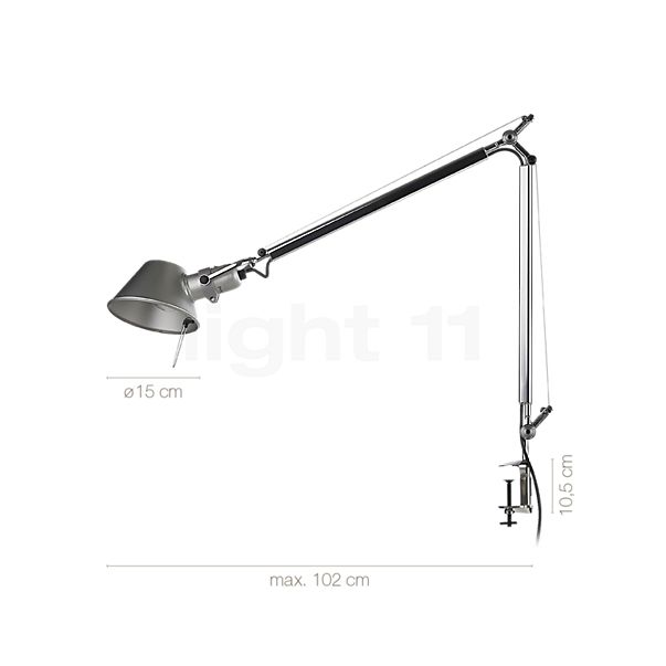 Measurements of the Artemide Tolomeo Mini with clamp polished and anodised aluminium in detail: height, width, depth and diameter of the individual parts.