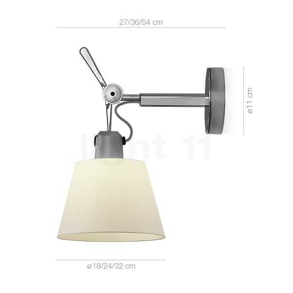Measurements of the Artemide Tolomeo Parete Diffusore satin, ø18 cm in detail: height, width, depth and diameter of the individual parts.