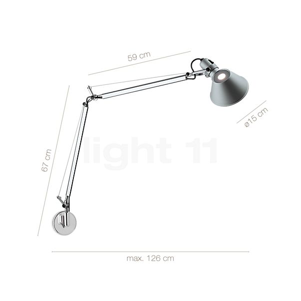 Measurements of the Artemide Tolomeo Parete LED polished and anodised aluminium, 2,700 K, with motion sensor in detail: height, width, depth and diameter of the individual parts.