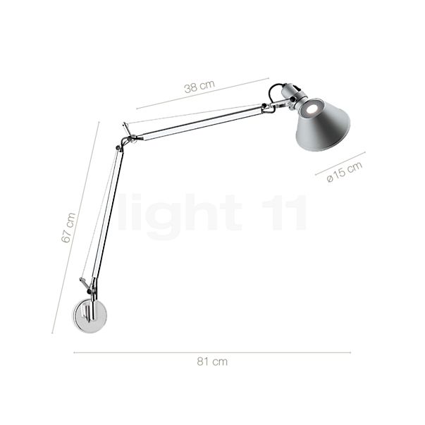 Measurements of the Artemide Tolomeo Parete, for direct mounting black in detail: height, width, depth and diameter of the individual parts.